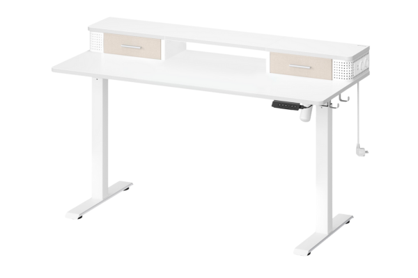 Höhenverstellbarer Schreibtisch in Weiß mit zwei kleinen Schubladen, Aufsatz, Haken und Kabelhalterung.