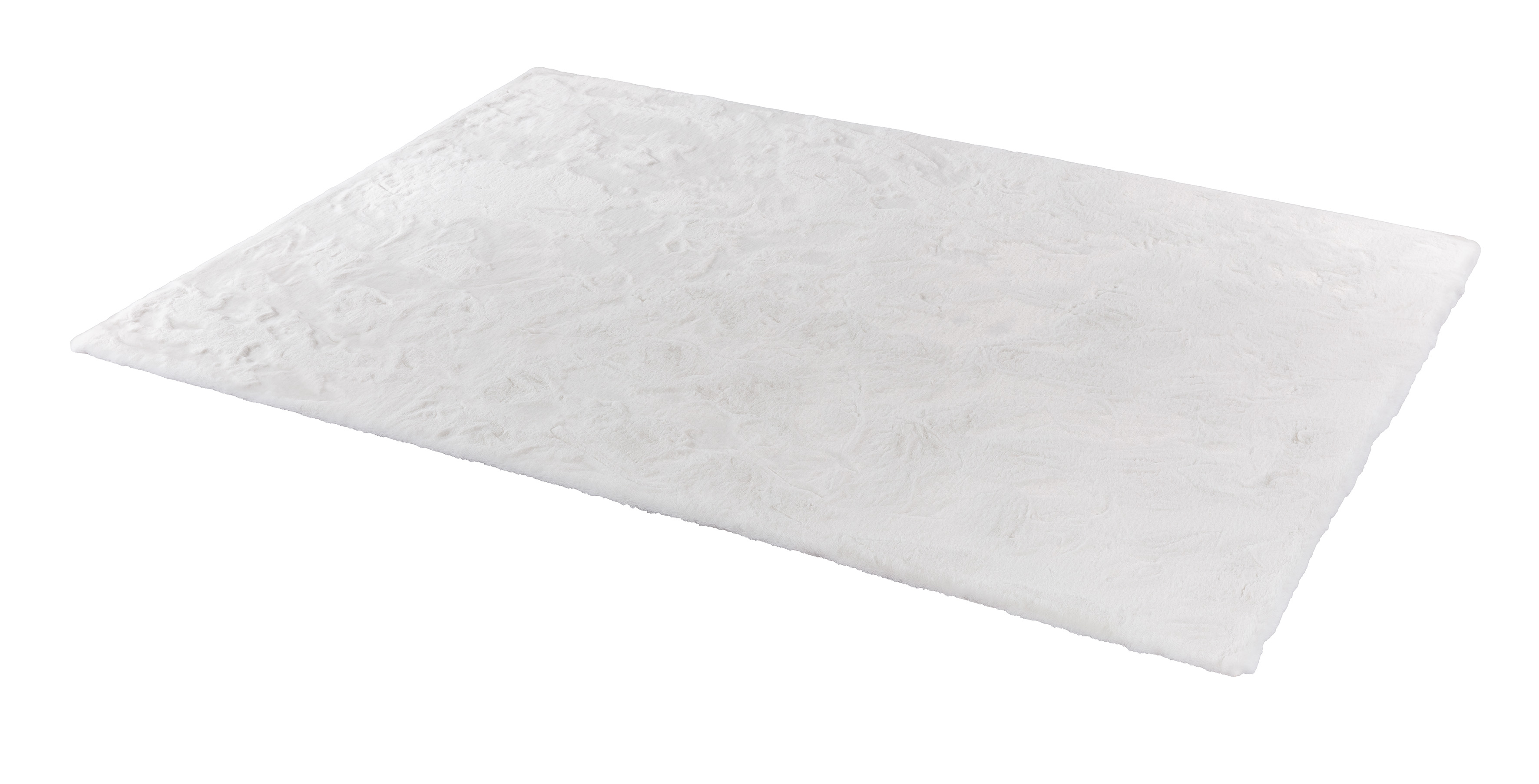 Weißer rechteckiger Teppich mit dezentem Blumenmuster, flauschig, modernes Wohnaccessoire für Wohnzimmer.