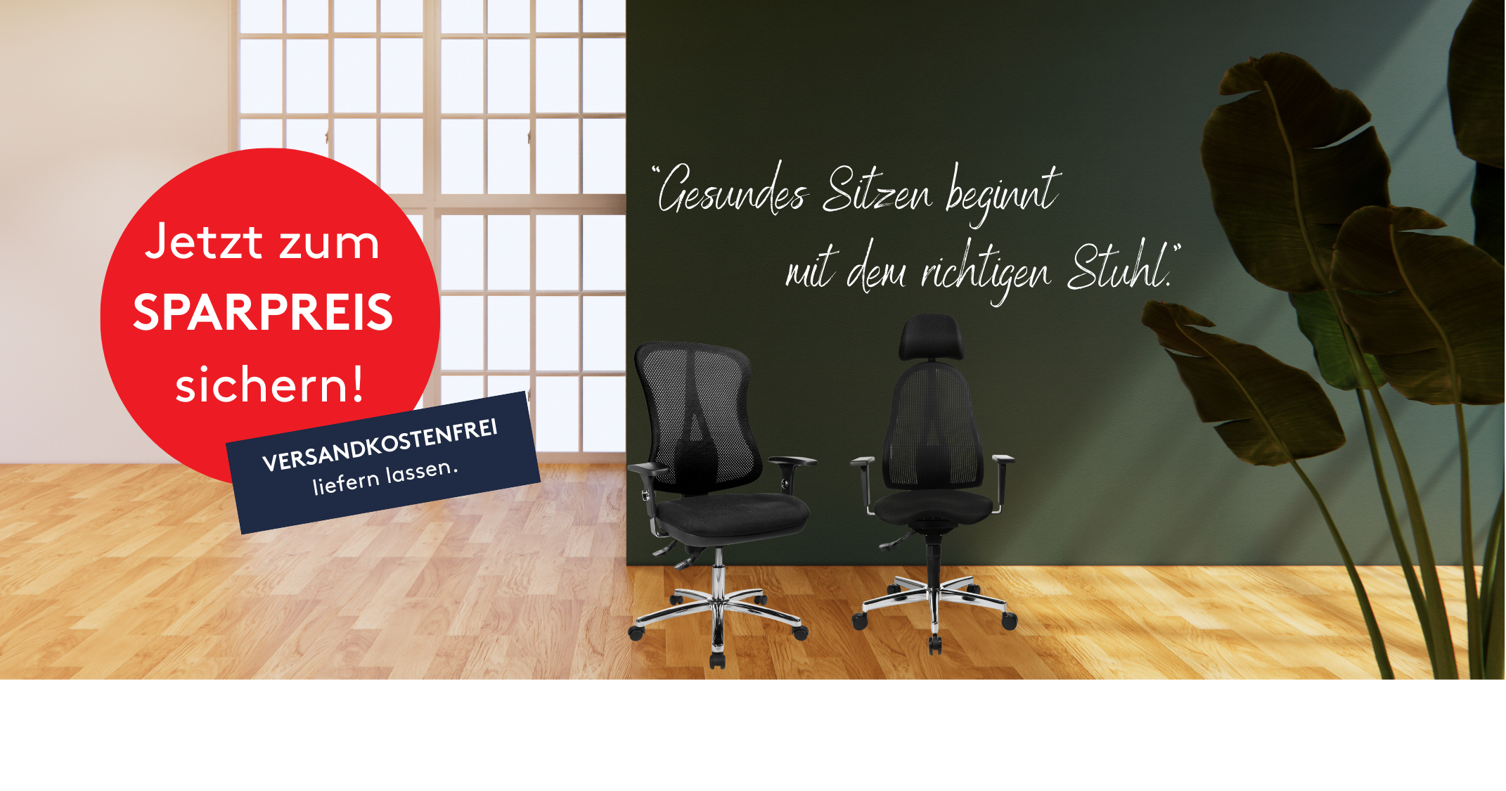 Zwei ergonomische Bürostühle vor einem Fenster mit Holzboden; links ein roter Kreis mit dem Text „Jetzt zum Sparpreis sichern“, rechts ein Zitat „Gesundes Sitzen beginnt mit dem richtigen Stuhl.“ und ein rotes Jubiläumslogo „75 Jahre Möbel Rieger“