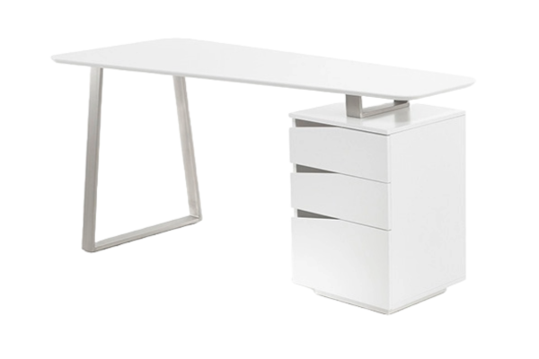 Moderner Schreibtisch mit weißer Tischplatte, seitlich angebrachtem Metallgestell und integriertem Schubladencontainer.