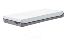 TEMPUR Matratze mit weiß-grauem Bezug, ergonomisch, orthopädisch, für gesunden Schlaf, isoliert auf weißem Hintergrund.
