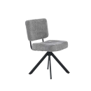 Moderner Esszimmerstuhl mit grauem Stoffbezug und schwarzem Metallgestell, minimalistisches Design.