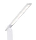 Moderne, weiße LED-Schreibtischlampe mit schlankem Design und energiesparender Beleuchtung.