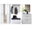 Modernes Flurmöbel-Set in Weiß mit Spiegel, Garderobe, Bank, Kommode und Dekoration, ideal für den Eingangsbereich.