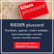  Werbegrafik zur Rieger Pluscard mit Kundenvorteilen auf rotem Hintergrund.