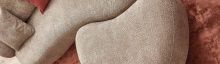 Headerformat, das einen Ausschnitt eines hellbraunen Sofas mit organischen Formen und optisch passendem Hocker zeigt. Die Polstermöbel stehen auf einem terracottafarbenen Teppich.