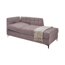 Modernes Schlafsofa in Lila mit gesteppter Rückenlehne und beige-gemusterter Decke, ideal für Wohnzimmer.