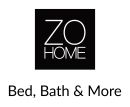 Logo von ZO Home mit weißer Schrift auf schwarzem Hintergrund, darunter Slogan: Bed, Bath & More.