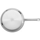 Edelstahlpfanne mit langem Griff, glänzende Oberfläche, ideal zum Braten und Kochen in der Küche.