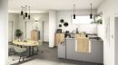 Moderne, helle Büroeinrichtung mit Holz- und Grauelementen, Besprechungstisch, Pflanzen und viel Tageslicht.