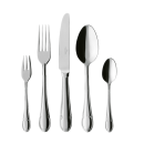 Fünfteiliges Edelstahl-Besteckset mit Messer, Gabel, Löffel, Kuchengabel und Teelöffel auf weißem Hintergrund.