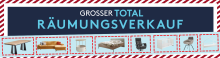Banner mit Text „Grosser Total Räumungsverkauf“ und Bildern von Möbeln wie Sofa, Bett, Tisch und Stuhl.