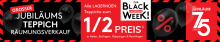 Banner mit Jubiläums-Teppichräumungsverkauf, 75 Jahre, Black Shopping Week, Teppiche zum halben Preis.