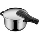 Edelstahl-Schnellkochtopf mit schwarzem Griff und Deckel, ideal zum schnellen und energiesparenden Kochen.