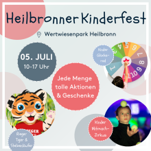 Buntes Werbebild zum Heilbronner Kinderfest am 5. Juli im Wertwiesenpark mit Aktionen wie Glücksrad, Mitmach-Zirkus und Rieger Tiger.