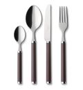 Villeroy & Boch 24-tlg. Tafelbesteck Play! Chocolate Brown Vierteiliges Besteckset aus Edelstahl mit braunen Griffen: Messer, Gabel, Esslöffel und Teelöffel nebeneinander.