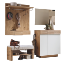 Modernes Flur-Garderobenset aus Holz mit Spiegel, Bank, Schuhablage, Haken und Dekoration.