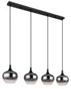 Moderne Hängelampe mit vier schwarzen, glänzenden Pendelleuchten aus Metall, ideal für Esszimmer oder Küche.