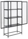 Schwarzes Metallregal mit Glastüren, drei Einlegeböden, modern, für Wohnzimmer oder Büro, Industrial Design.