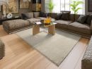 Modernes Wohnzimmer mit braunem Ecksofa, Glastisch, hellem Teppich, Holzfußboden und grünen Zimmerpflanzen.