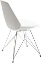 Moderner weißer Stuhl mit Kunststoffsitz und verchromtem Metallgestell, minimalistisches Design, seitliche Ansicht.