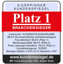 Auszeichnung Platz 1 Kundenspiegel Göppingen, Branchensieger Einrichtungshäuser, höchste Kundenzufriedenheit