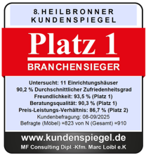 Auszeichnung: Platz 1 im Heilbronner Kundenspiegel für Einrichtungshäuser, Branchensieger 2025.