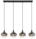 Moderne Pendelleuchte mit vier rauchgrauen Glaslampenschirmen, ideal für Esszimmer oder Küche, energiesparend.