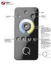 Schwarze ZigBee-Fernbedienung mit Tasten zur Lichtsteuerung, Farbtemperaturwahl und Dimmfunktion, Nahaufnahme.