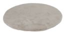 Runder, beiger Teppich aus weichem Hochflor, flauschig, ideal als Wohnzimmerteppich oder Schlafzimmerteppich.