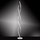 Moderne LED-Stehlampe in Spiralform aus Chrom auf rundem Sockel vor dunklem Hintergrund, Design-Leuchte.