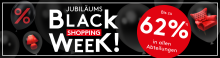 Werbebanner Black Shopping Week, Jubiläumsrabatt bis zu 62 %, schwarze Luftballons, rote Lampe und Sessel