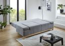 Graues Schlafsofa im modernen Wohnzimmer mit Holzboden, Pflanzen, Couchtisch und großen Fenstern bei Tageslicht.