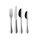 Vierteiliges Edelstahl-Besteckset mit Gabel, Messer, Esslöffel und Teelöffel auf weißem Hintergrund.