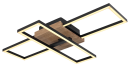 Moderne LED-Deckenleuchte mit Holz-Element und zwei rechteckigen, schwarz-goldenen Lichtrahmen.