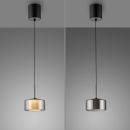 Moderne Pendelleuchte aus Glas und Metall, links eingeschaltet, rechts ausgeschaltet, minimalistisches Design.