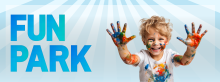 Grafik mit blauem Schriftzug „Fun Park“ und einem lachenden Kind mit bunt bemalten Händen.