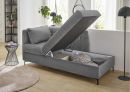 Graues Schlafsofa mit Stauraumfunktion im modernen Wohnzimmer, Tageslicht, Pflanzen und stilvolle Einrichtung.