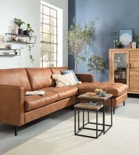 In einem Format, das etwas höher als breit ist, steht neben einer taubenblauen Wand, die zusammen mit zwei kleinblättrigen Bäumchen an den Mediterranen Stil erinnert, ein Industrial-Style Sofa in freundlichem Braun im Wohnzimmer.