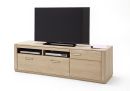 Modernes TV-Lowboard aus Holz mit Flachbildfernseher, offenen Fächern und Schubladen, Wohnzimmermöbel.