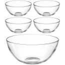 Fünf transparente Glasschalen, eine große und vier kleine, ideal für Küche, Salat oder Dessert.