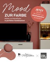 Werbemotiv „Mood zur Farbe“ in Terrakotta mit modernem Lowboard vor farbiger Wand, Farbmuster und Beratungshinweis – Kooperation Schöner Wohnen x Interliving.