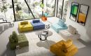 Gelbes, modernes Sitzkissen mit Rückenlehne aus Stoff, gemütlich, für Wohnzimmer oder Lounge geeignet.