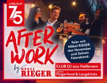 Vier Personen feiern bei der After-Work-Party von Möbel Rieger mit Drinks, Fingerfood und Musik im modernen Ambiente.