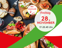 Italienisches Buffet mit Antipasti, Wein, Livemusik und Eventankündigung für Freitag, 28. November.
