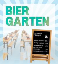Werbegrafik mit dem Schriftzug „BIERGARTEN“, im Hintergrund aufgereihte Biertische und Bänke, im Vordergrund eine Tafel mit Speise- und Getränkepreisen, darunter Thüringer Bratwurst, Rostbrätl, Softdrinks und Bier.
