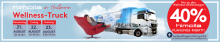 Werbebanner mit himolla Wellness-Truck, rotem Sessel, 40% Planungs-Rabatt und Aktionsdaten im August.