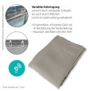 Grauer Vorhang mit verdeckter Schlaufe und Röllchen, schalldämmend, zertifiziert, für flexible Anbringung.