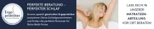 Frau liegt entspannt im Bett; daneben Infos zur Matratzenberatung durch geschulte Ergopraktiker und deren Logo.