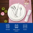 Edelstahl-Besteckset auf weißem Teller mit Weinglas, Serviette und Blumen auf rosa Platzset, spülmaschinengeeignet.